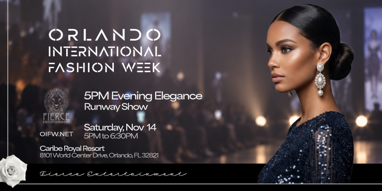 Promotional poster for the OIFW Fall 2026 Evening Elegance runway show.