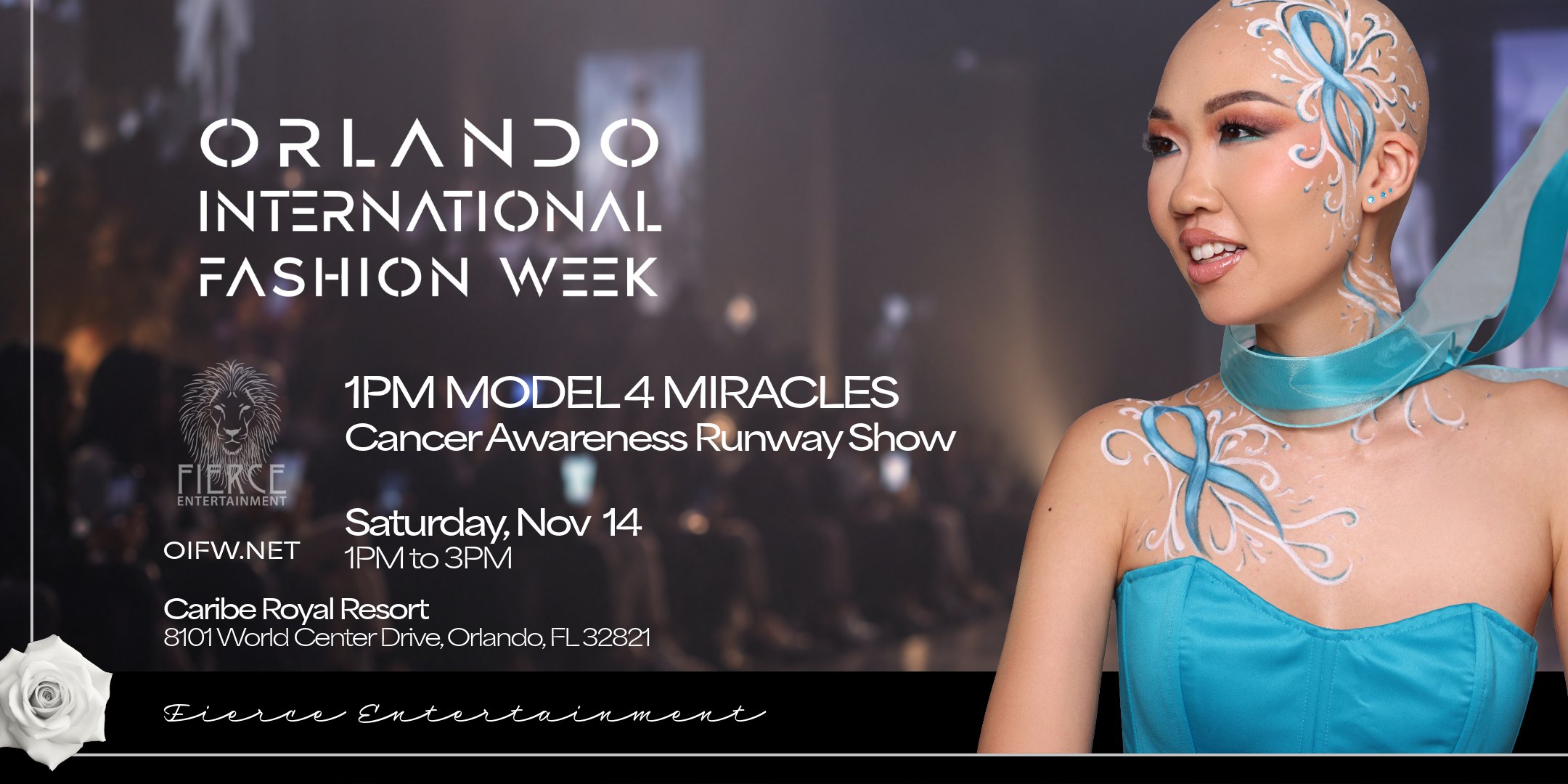 Promotional poster for the OIFW Fall 2026 Model 4 Miracles cancer awareness runway show.