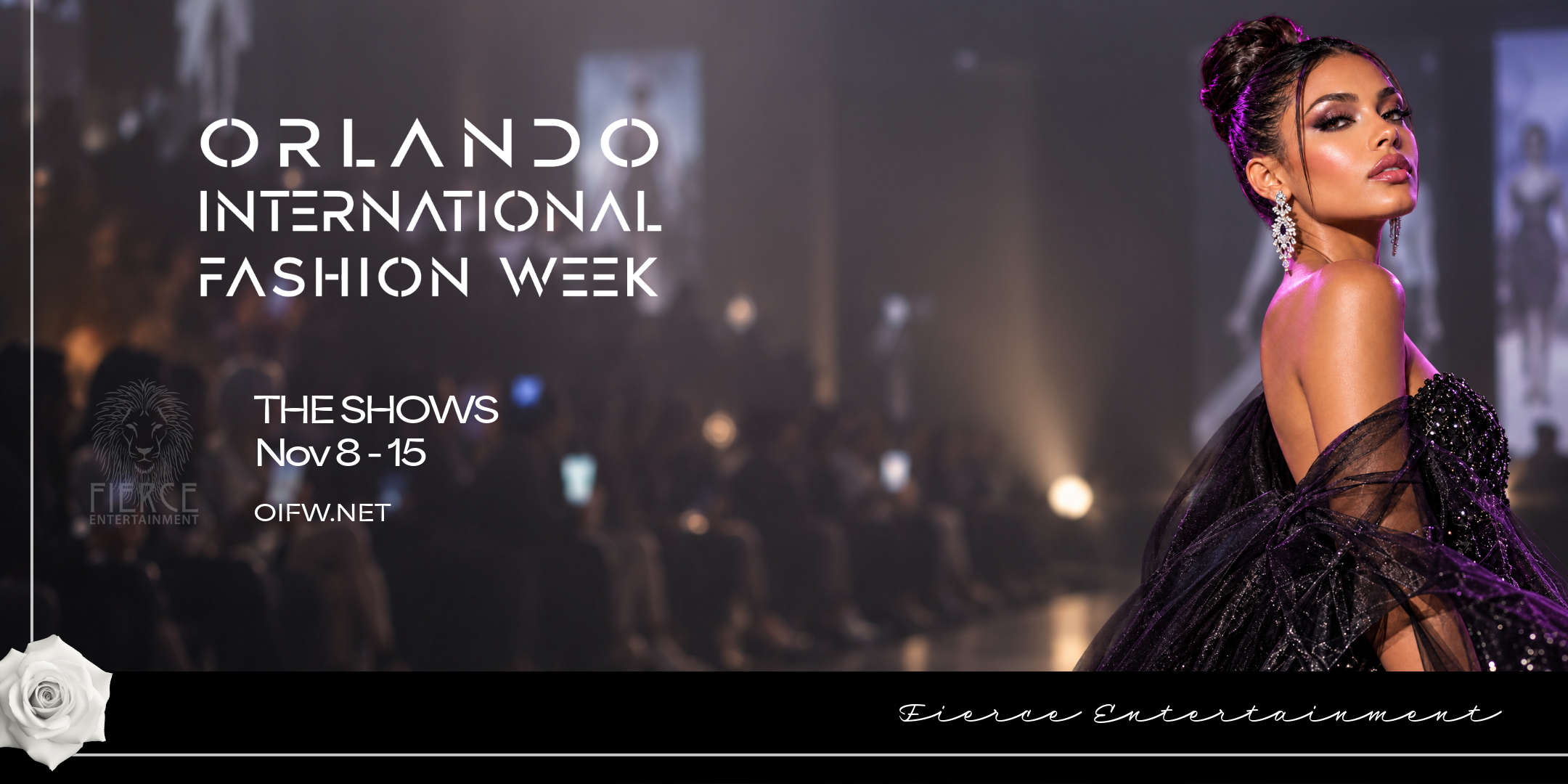 Orlando International Fashion Week promotional artwork featuring a model and The Shows dates November 8–15.