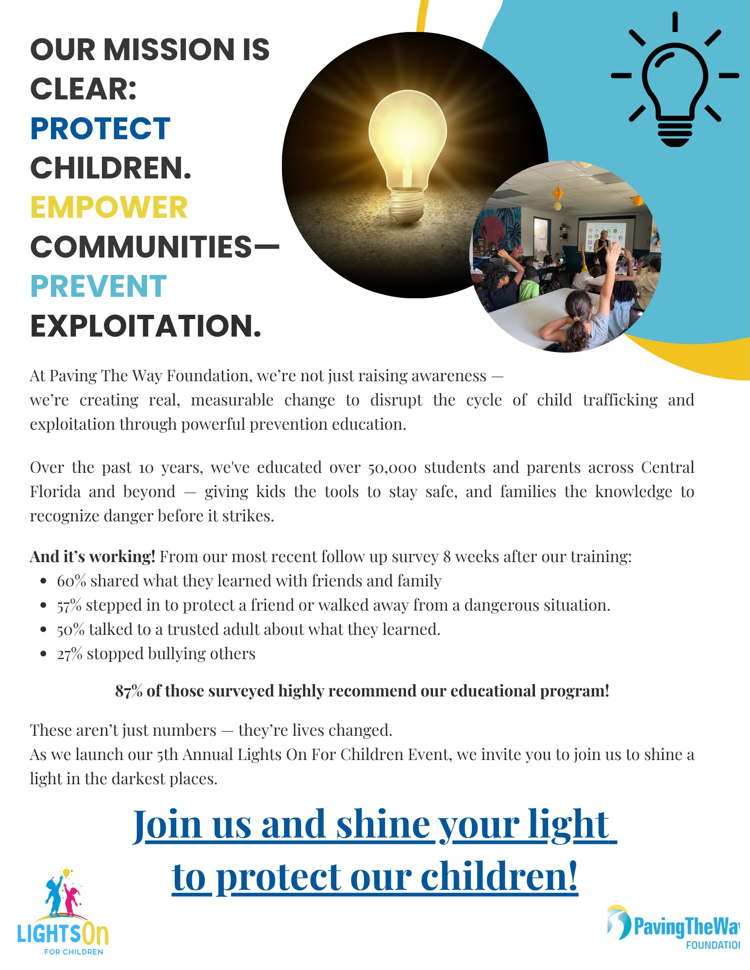 Lights On For Children mission and impact graphic from Paving The Way Foundation.